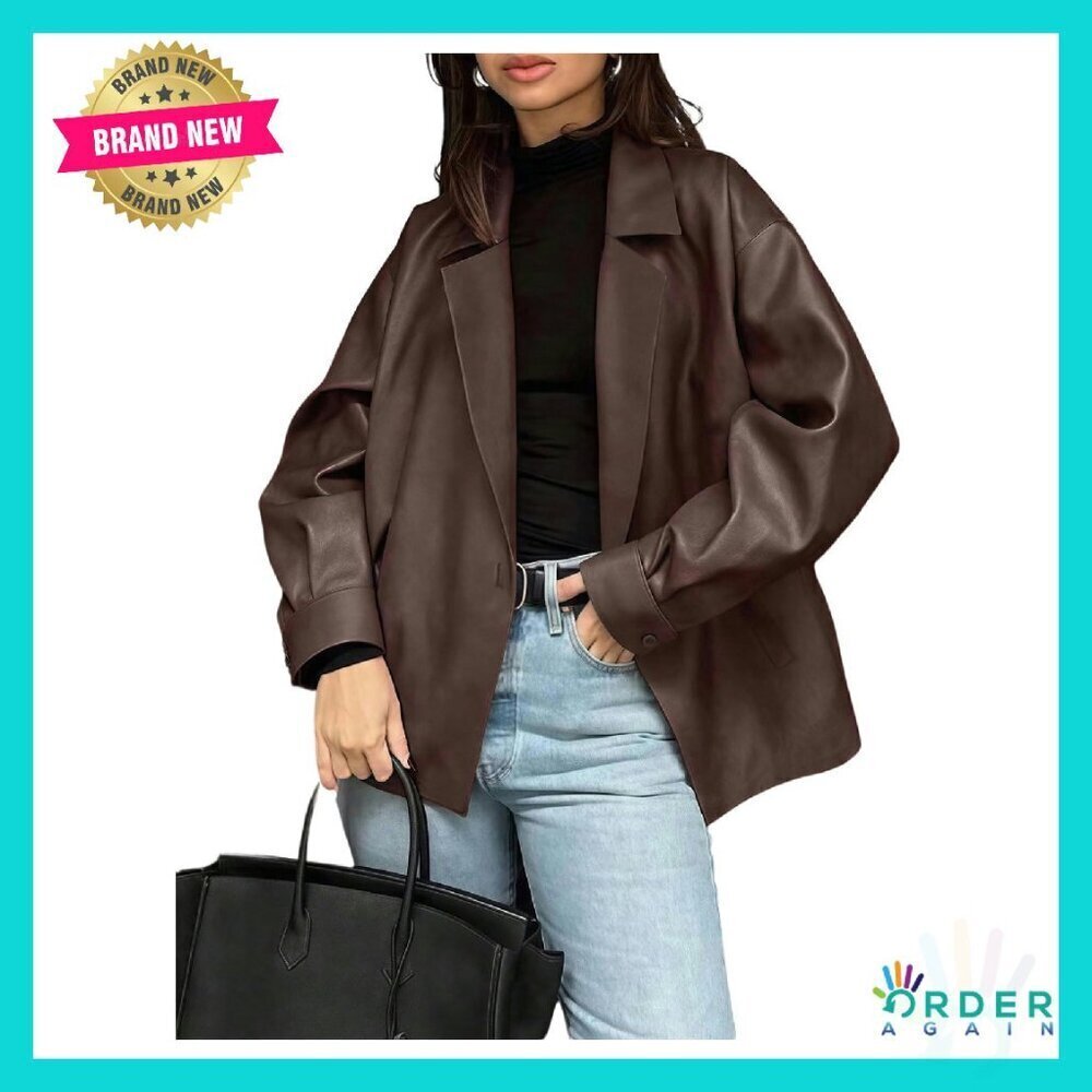Faux Leather Blazer Oversized Lapel Collar Chic Business Work Jacket